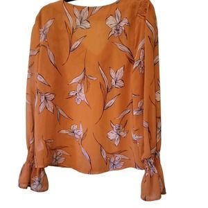 NWOT A New Day Top Yellow Sheer Danity Floral VNeck Bell Sleeve Blouse Sz XSMALL